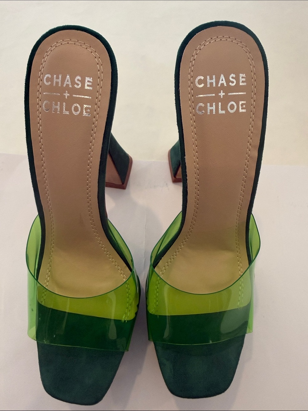 Chase + Chloe size 36 Women's Green Clear-Detail Block Heel Mules